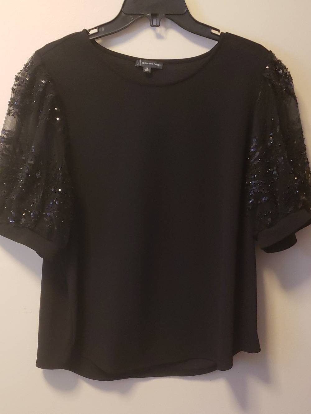 Adrienne Vittadini Black Top with Sequin Puff Sleeves